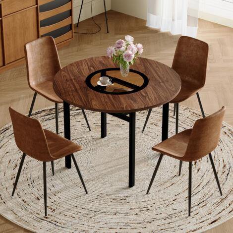 Conjunto de mesa de comedor redonda Ø100 cm efecto madera marrón con inserto de cristal y 4 sillas de tela marrón, para cocina/comedor
