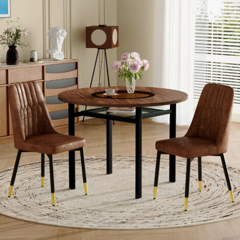 Conjunto de mesa de comedor redonda con cristal incrustado, Ø100 cm, con 2 sillas de tela marrón, MDF efecto madera y metal negro - Marrón