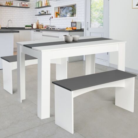 IDMARKET Conjunto de mesa de comedor y 2 bancos ROZY 4 personas blanco y gris 110 cm