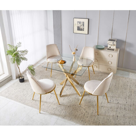 Conjunto de mesa de comedor y 4 sillas, respaldo alto ergonómico, patas de metal dorado, tapicería de terciopelo dorado.
