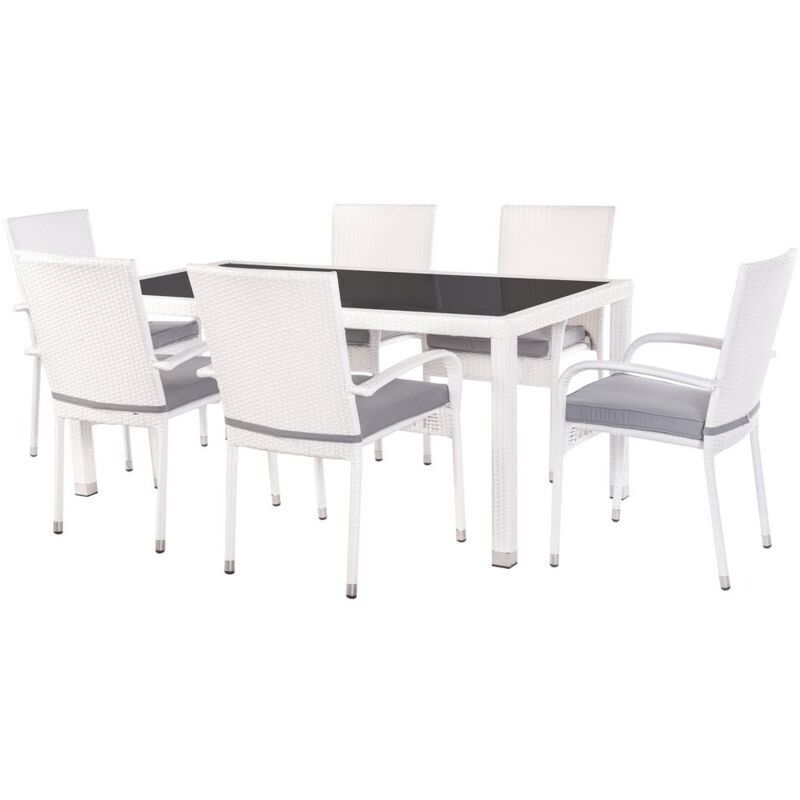 

Conjunto de mesa de comedor y 6 sillas de jardín Marlene blanco de rattán sintético y cristal