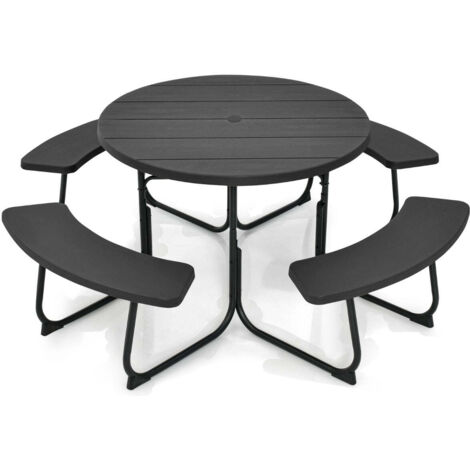 Conjunto de mesa de picnic circular 190 x 76 cm para 8 personas diseño moderno en metal negro 200011984