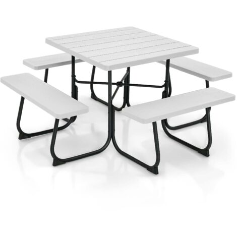 Conjunto de mesa de picnic con 4 bancos integrados 170 x 170 x 76 cm estable y resistente a la intemperie metal blanco 200011986