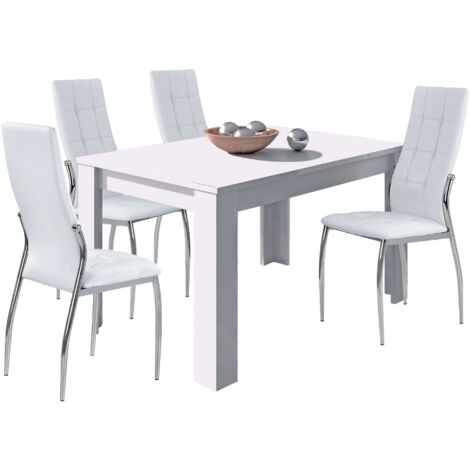 Conjunto de Mesa Extensible + 4 Sillas en Color Blanco Mate y Plata