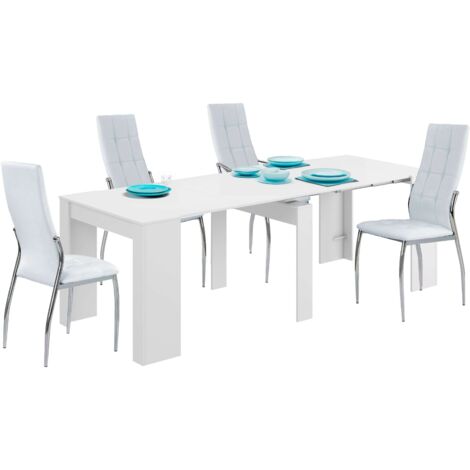 Conjunto de Mesa Extensible Multiposición + 4 Sillas en Color Blanco Mate y Plata