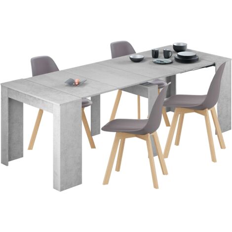 Conjunto de Mesa Extensible Multiposición con 4 Sillas en Color Gris Cemento y Roble Claro