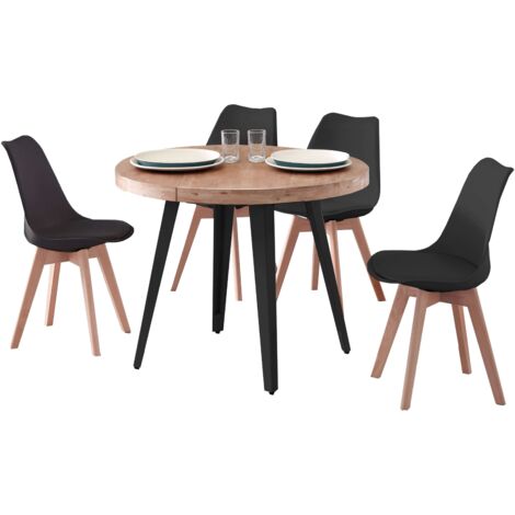 Conjunto de Mesa Extensible Redonda  con 4 Sillas Estilo Industrial en Color Roble Nordish y Negro