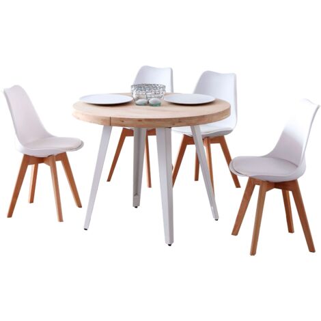 Conjunto de Mesa Extensible Redonda  con 4 Sillas Estilo Moderno en Color Roble Nordish y Blanco
