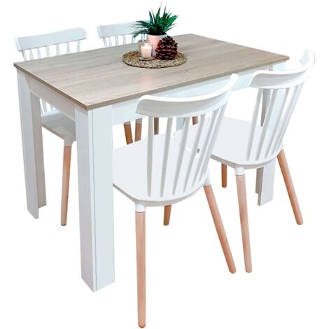 Conjunto de Mesa Fija + 4 sillas Alna en color blanco y roble canadian