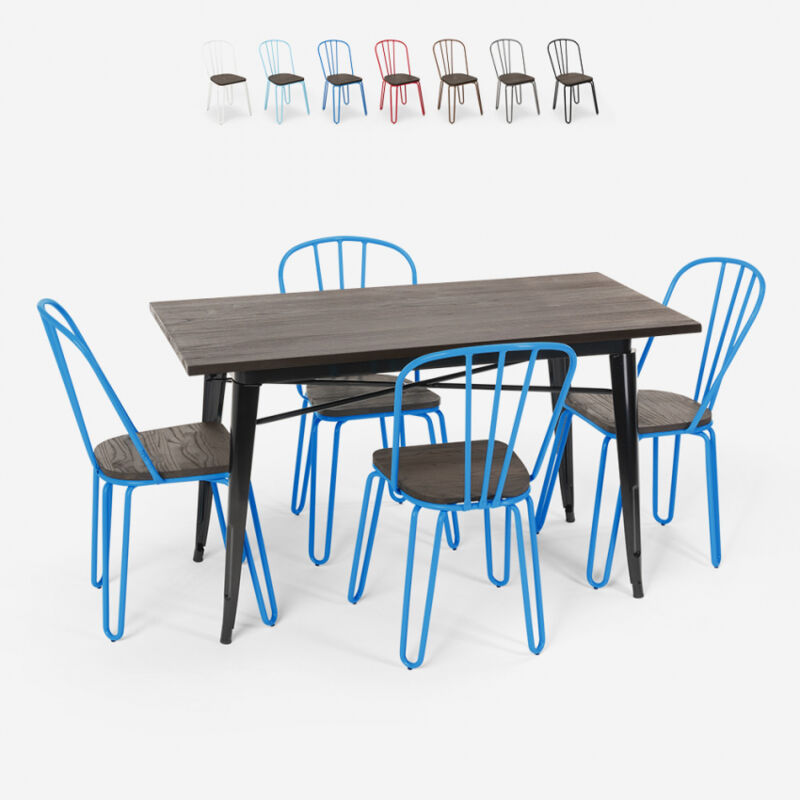 

Conjunto de mesa rectangular 120 x 60 con 4 sillas acero madera diseño industrial Tolix Otis | Color: Azul Marino