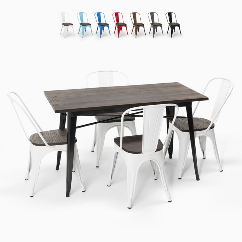 

Conjunto de mesa rectangular 120 x 60 con 4 sillas en acero y madera industrial estilo Tolix Ralph | Color: Blanco