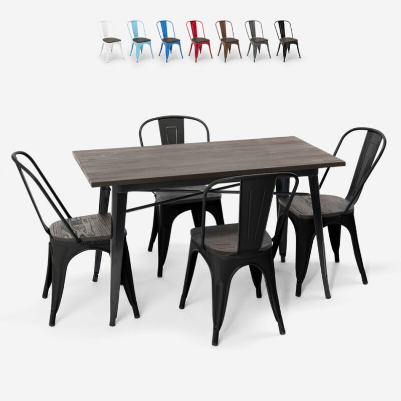 

Conjunto de mesa rectangular 120 x 60 con 4 sillas en acero y madera industrial estilo Tolix Ralph | Color: Negro