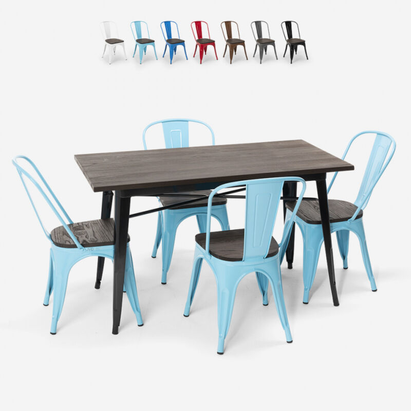 

Conjunto de mesa rectangular 120 x 60 con 4 sillas en acero y madera industrial estilo Tolix Ralph | Color: Azul