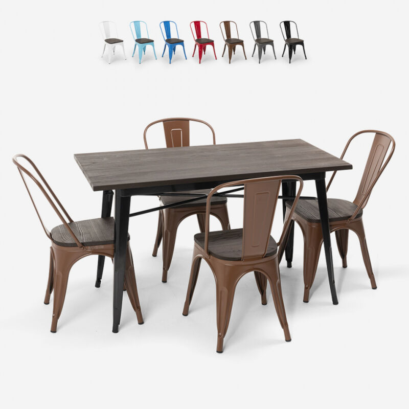 

Conjunto de mesa rectangular 120 x 60 con 4 sillas en acero y madera industrial estilo Tolix Ralph | Color: Marrón