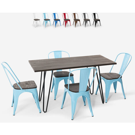 Conjunto de mesa rectangular 120 x 60 con 4 sillas en acero y madera industrial estilo Tolix Roger
