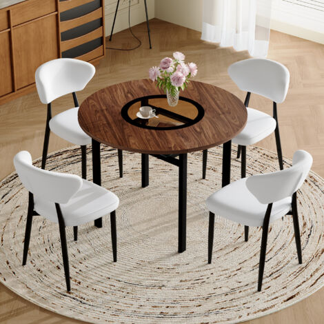 Conjunto de mesa redonda de 100 cm con 4 sillas de PU blancas, tablero de MDF con inserto de cristal marrón grisáceo, metal, marrón/negro