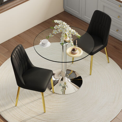 Conjunto de mesa redonda de cristal de 85 cm con 2 sillas de PU negras, patas de metal dorado y base plateada