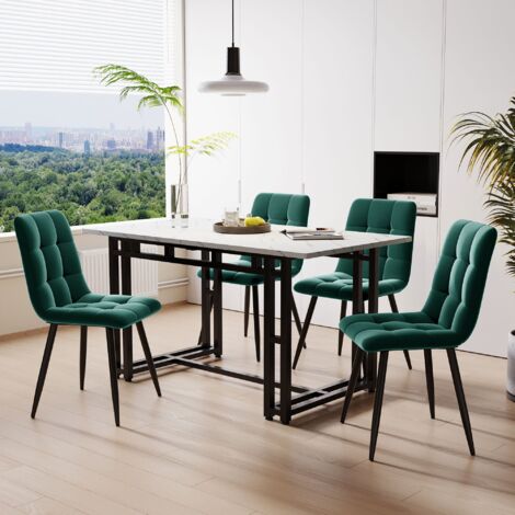 Conjunto de mesa sillas moderno 4 plazas 120x70 cm patas metal negro sillas terciopelo verde oscuro