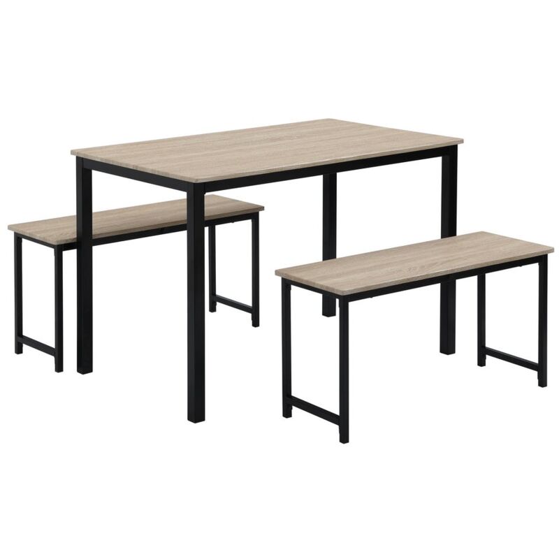 

Lolahome - Conjunto de mesa y 2 bancos de metal y madera MDF negro y natural de 110 x 70 x 76 cm