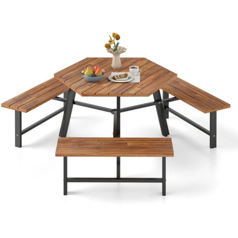 Conjunto de mesa y banco de madera de acacia para 6 personas 191 x 165 x 70 cm apto para exterior confort óptimo madera marrón 200012001