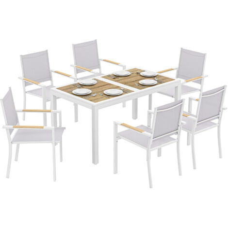 Conjunto de mesa y sillas blancas para patio con mesa de plástico PSPC y 6 sillas apilables transpirables para terraza o patio.