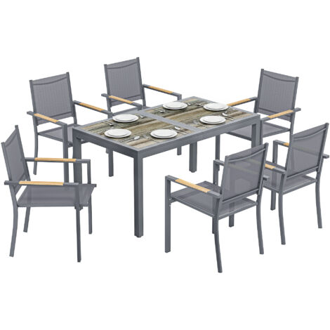 Conjunto de mesa y sillas de exterior grises con mesa de plástico PSPC y 6 sillas apilables transpirables para terraza o patio.