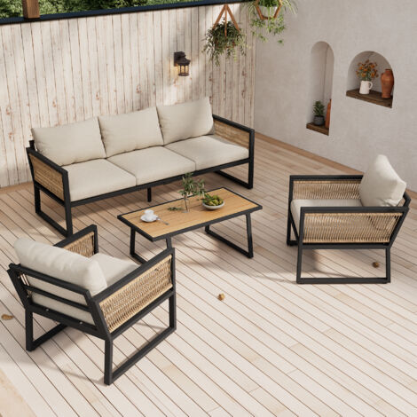 Conjunto de mesa y sillas de jardín (1 sofá recto + 2 sillones + 1 mesa baja fija) para jardín/terraza, beige