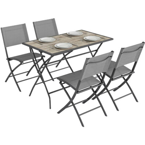 Conjunto de mesa y sillas de jardín de 5 piezas: Muebles de jardín para exteriores con 4 sillas plegables y mesa plegable gris.