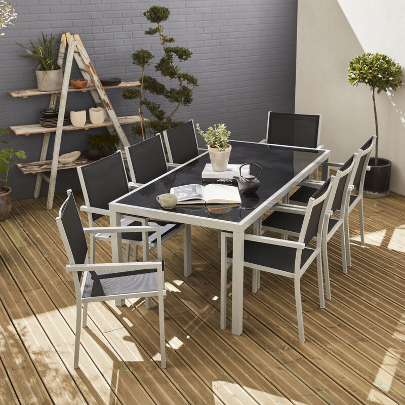 

Comedor de jardin, conjunto de mesa y sillas de aluminio y textileno - Gris / negro - 8 plazas - CAPUA 180 - Gris