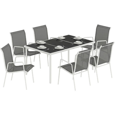 Conjunto de Mesa y Sillas Jardín con Mesa de Vidrio Templado 6 Sillas Apilables Transpirables para Terraza Gris