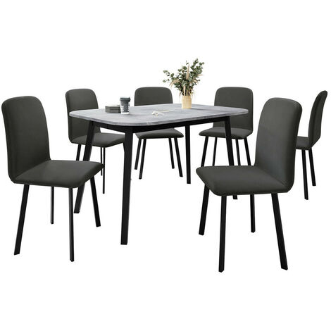 Conjunto de mesas y sillas para comedor Edmond 117, Mármol gris + Negro, 77x80x130cm, Diámetro: 0, Número de asientos: 6, Estilo: Contemporary
