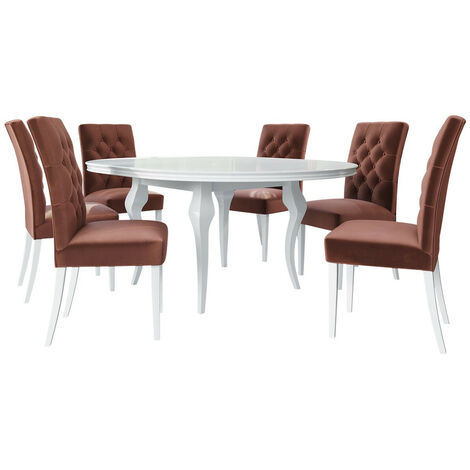 Conjunto de mesas y sillas para comedor Racine 129, Blanco brillante + Magic Velvet 2258, 76x0x0cm, Diámetro: 100, Número de asientos: 6, Estilo: Contemporary