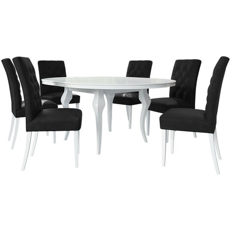 Conjunto de mesas y sillas para comedor Racine 138, Blanco brillante + Magic Velvet 2219, 76x0x0cm, Diámetro: 120, Número de asientos: 6, Estilo: Contemporary