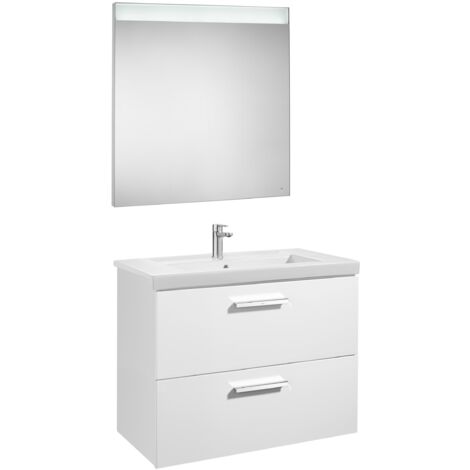 Conjunto de mueble (2 cajones), lavabo y espejo LED PRISMA - ROCA Color: Blanco brillo - Medidas: 800 mm