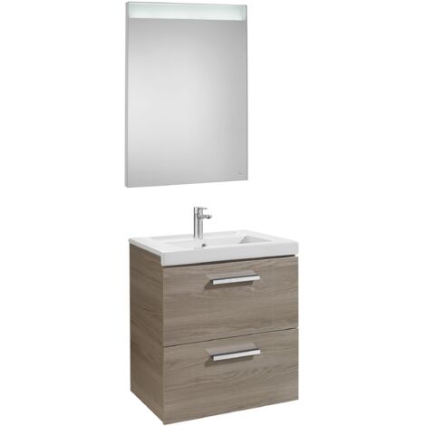 Conjunto de mueble (2 cajones), lavabo y espejo LED PRISMA - ROCA Color: Fresno - Medidas: 600 mm