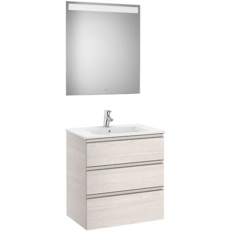 Conjunto de mueble 3 cajones, lavabo y espejo con LED THE GAP - ROCA Color: Fresno nórdico - Medidas: 705 mm