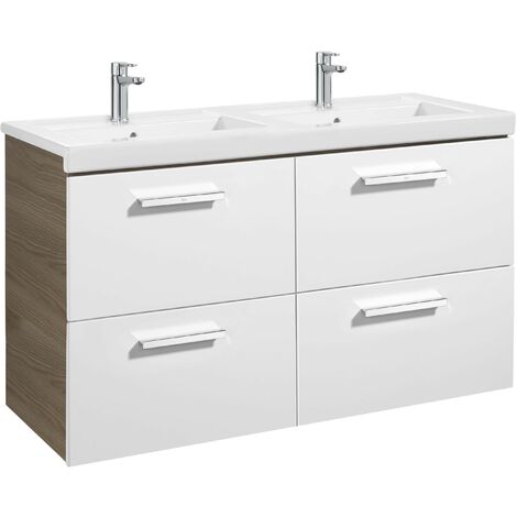Conjunto de mueble base con cuatro cajones y lavabo doble PRISMA - ROCA Color: Blanco - Fresno