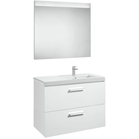 Conjunto de mueble con 2 cajones, lavabo y espejo con luz LED PRISMA - ROCA Color: Blanco brillo - Posición del lavabo: Derecha
