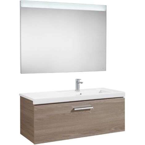 Conjunto de mueble con un cajón, lavabo y espejo LED PRISMA (900 Y 1100) - ROCA Color: Fresno - Medidas: 1100 mm - Posición del lavabo: Derecha
