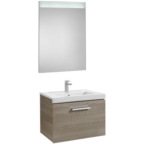Conjunto de mueble con un cajón, lavabo y espejo LED PRISMA - ROCA Color: Fresno - Medidas: 600 mm