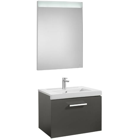Conjunto de mueble con un cajón, lavabo y espejo LED PRISMA - ROCA Color: Gris antracita - Medidas: 600 mm