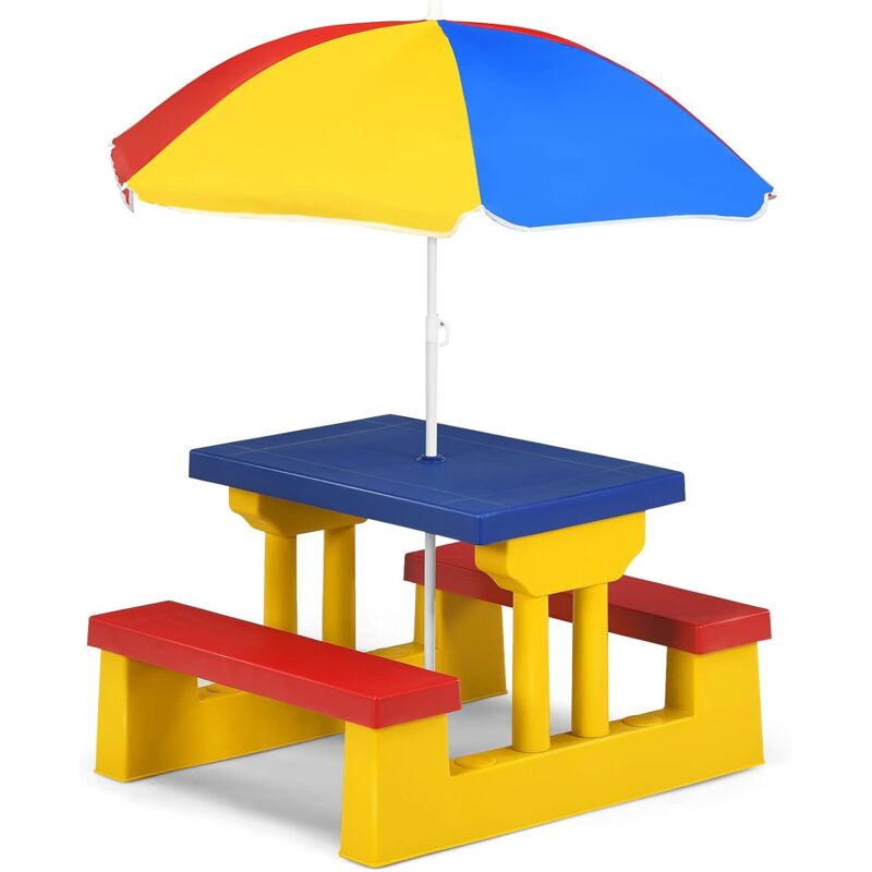 

Conjunto de Mueble de Jardín para Niños Plegable Mesa y Banco de Picnic con Parasol para Infantil Juguete (Amarillo y Azul)