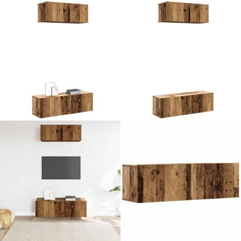 Conjunto de mueble de TV 2 piezas montado la pared madera vieja - Muebles de TV - Muebles de madera