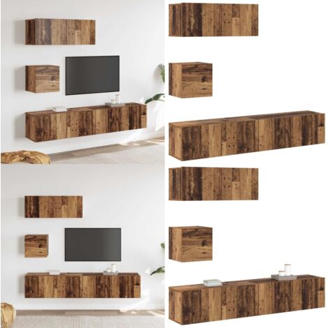 Conjunto de mueble de TV 4 piezas montado la pared madera vieja - Muebles de pared - Muebles de madera