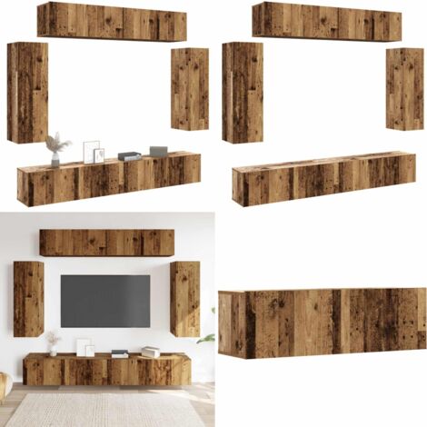 Conjunto de mueble de TV 6 piezas montado la pared madera vieja - Muebles de pared - Madera envejecida