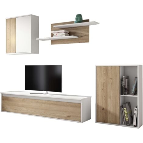 VMO HOME Conjunto de Mueble Salón Comedor Legos 3 Módulos Color Blanco Mate y Roble Naturale Estanterías y Almacenaje 220 cm