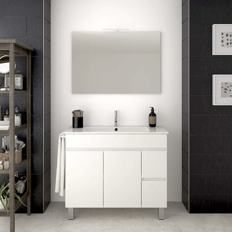 CONJUNTO DE MUEBLE TEMIS CON LAVABO, ESPEJO, Y TOALLERO (APLIQUE LED NO INCLUIDO) EN BLANCO