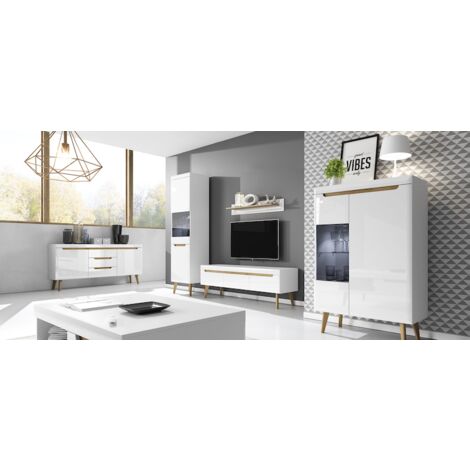 Conjunto de mueble TV NORDI 160 cm roble y blanco brillante