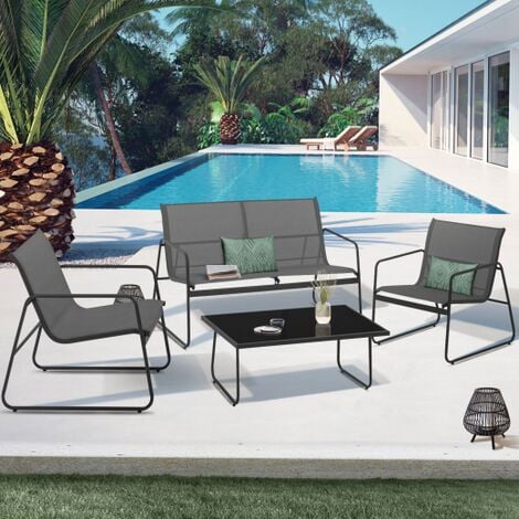 Conjunto de muebles bajos de jardín MALAGA de 4 plazas con sofá, sillones y mesa gris antracita