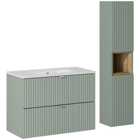 PETITS-MEUBLES Conjunto de muebles con lavabo individual encastrado 80cm 2 cajones y columna Jade Verde y Madera